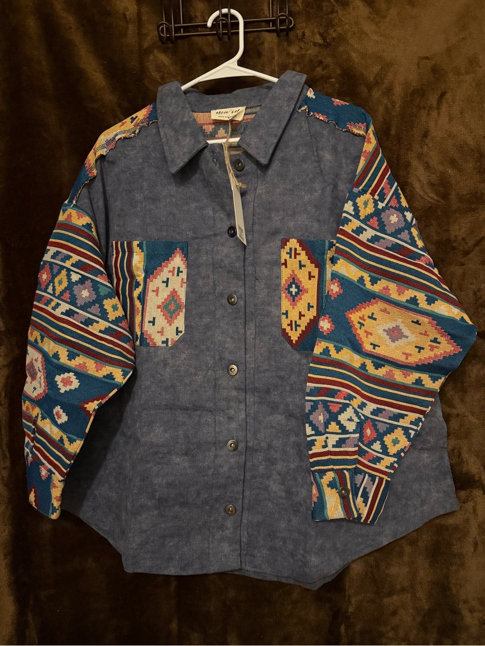 Women’s Utility Jacket with Patterned Sleeves - Blue